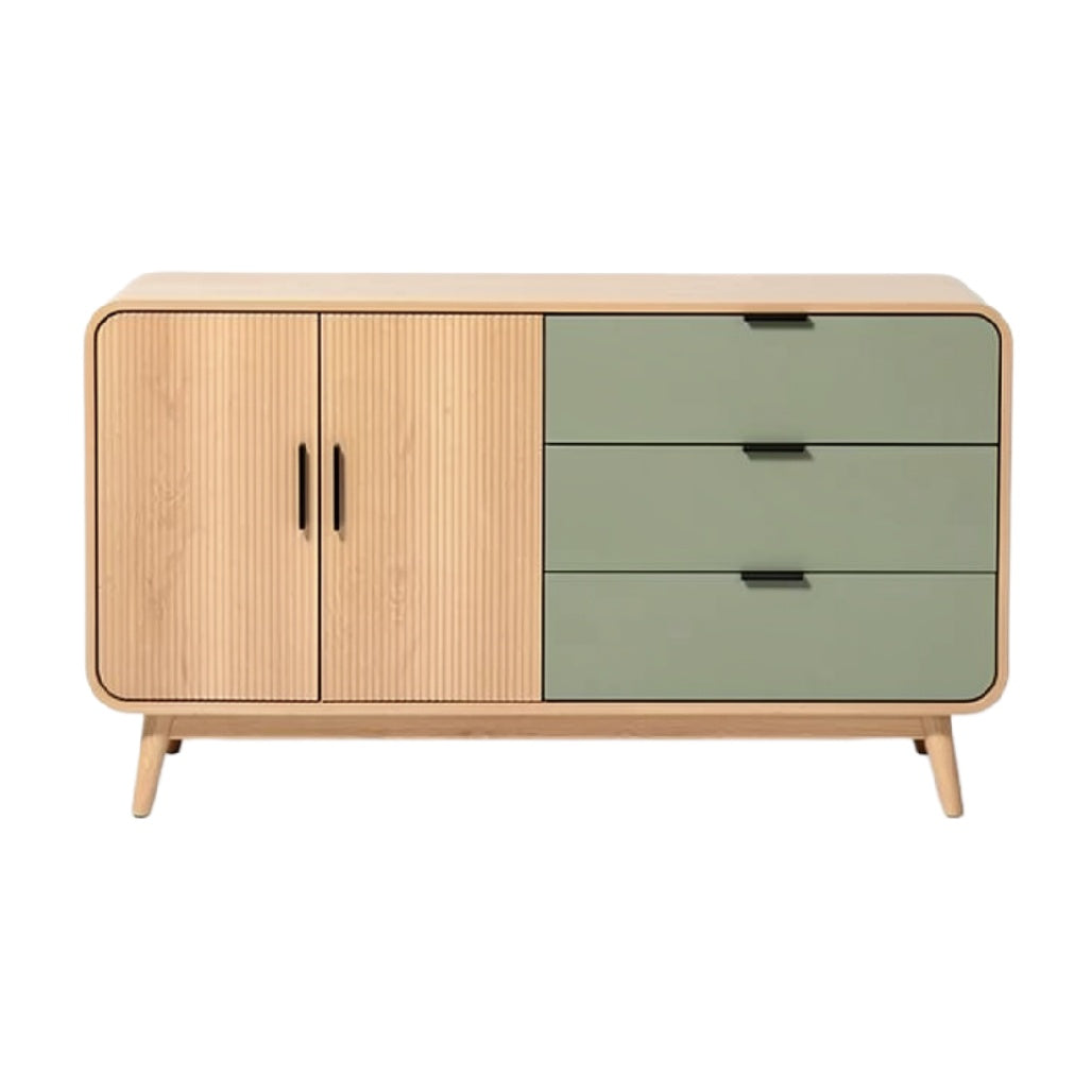Moderne Eiken Houten Dressoir met Groene Lades en Deuren