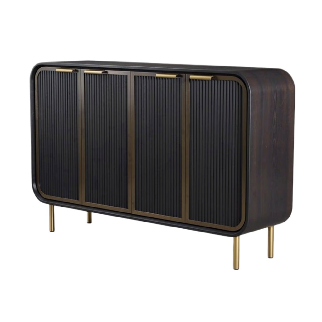 "Moderne Zwarte Dressoir met Gouden Accenten en Ribbelpanelen"